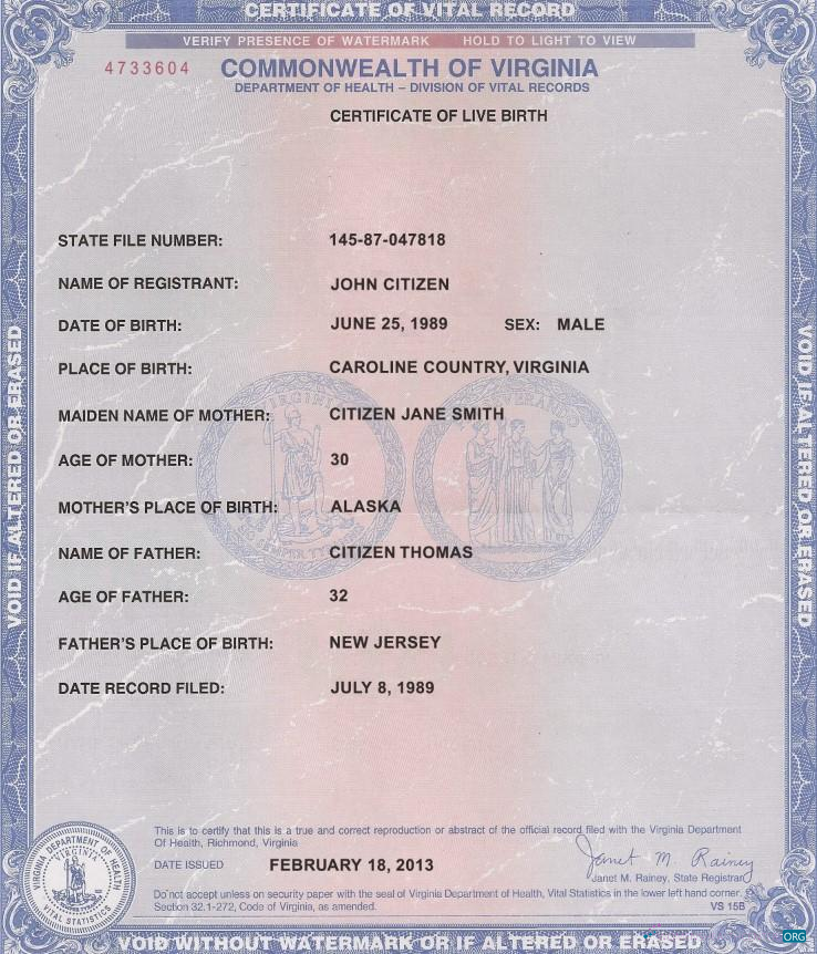 Download USA Virginia birth certificate Photoshop template
